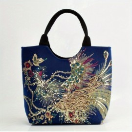 Ethnic Style Sequins Tote Bag, Peacock Embroidery Handbags, Vintage Canvas Crossbody Bag