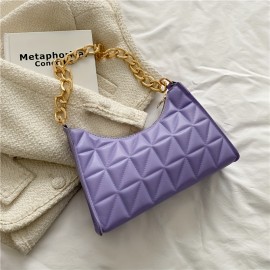 Trendy Argyle Quilted Shoulder Bag, PU Leather Solid Color Chain Handle Bag, Perfect Underarm Bag For Daily Use