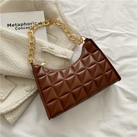 Trendy Argyle Quilted Shoulder Bag, PU Leather Solid Color Chain Handle Bag, Perfect Underarm Bag For Daily Use