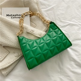 Trendy Argyle Quilted Shoulder Bag, PU Leather Solid Color Chain Handle Bag, Perfect Underarm Bag For Daily Use