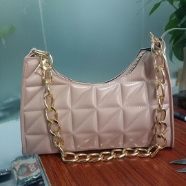 Trendy Argyle Quilted Shoulder Bag, PU Leather Solid Color Chain Handle Bag, Perfect Underarm Bag For Daily Use