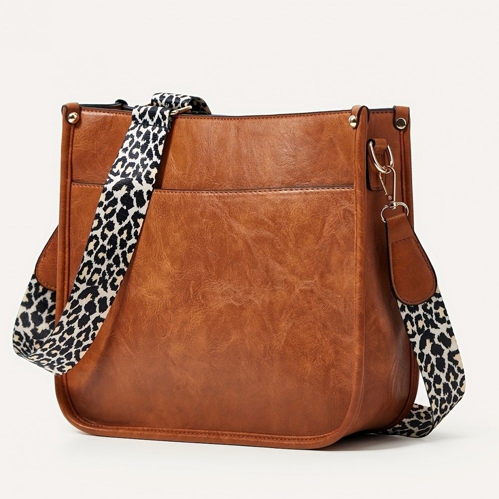 Leopard Print Straps Crossbody Bag, Solid Color Saddle Bag, Shoulder Zipper Bag For Work