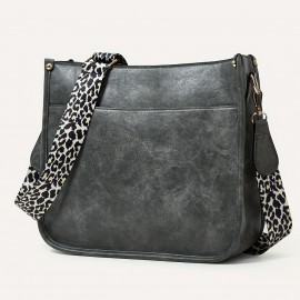 Leopard Print Straps Crossbody Bag, Solid Color Saddle Bag, Shoulder Zipper Bag For Work