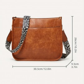 Leopard Print Straps Crossbody Bag, Solid Color Saddle Bag, Shoulder Zipper Bag For Work