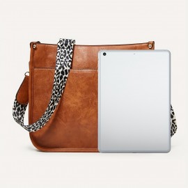 Leopard Print Straps Crossbody Bag, Solid Color Saddle Bag, Shoulder Zipper Bag For Work