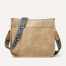 Leopard Print Straps Crossbody Bag, Solid Color Saddle Bag, Shoulder Zipper Bag For Work