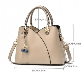 Elegant Solid Color Shoulder Bag, Classic All-Match Shoulder Bag With Cherry Pendant