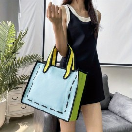 Cartoon Anime Design Tote Bag, Contrast Binding Canvas Handbag, Large Capacity Shoulder Bag