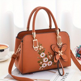 Elegant Floral Pattern Handbag, Women's Fashion Faux Leather Shoulder Bag, Trendy Double Handle Purse