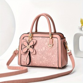 Elegant Floral Pattern Handbag, Women's Fashion Faux Leather Shoulder Bag, Trendy Double Handle Purse