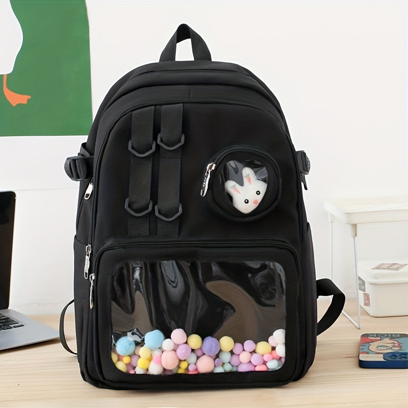 kawaii clear pocket school backpack back to school bookbag lightweight nylon aesthetic rucksack details 7