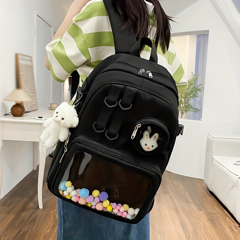 kawaii clear pocket school backpack back to school bookbag lightweight nylon aesthetic rucksack details 8