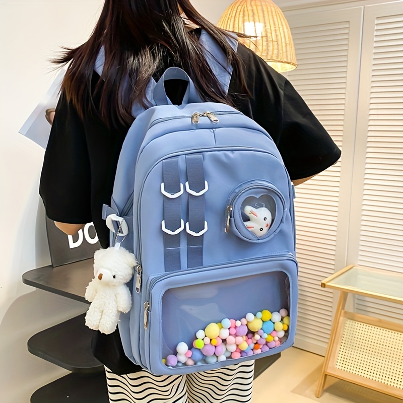 kawaii clear pocket school backpack back to school bookbag lightweight nylon aesthetic rucksack details 9