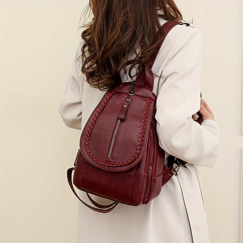 retro pu leather flap backpack soft multi pockets sling daypack fashion chest bag with zipper strap details 2