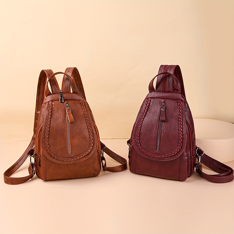 retro pu leather flap backpack soft multi pockets sling daypack fashion chest bag with zipper strap details 4