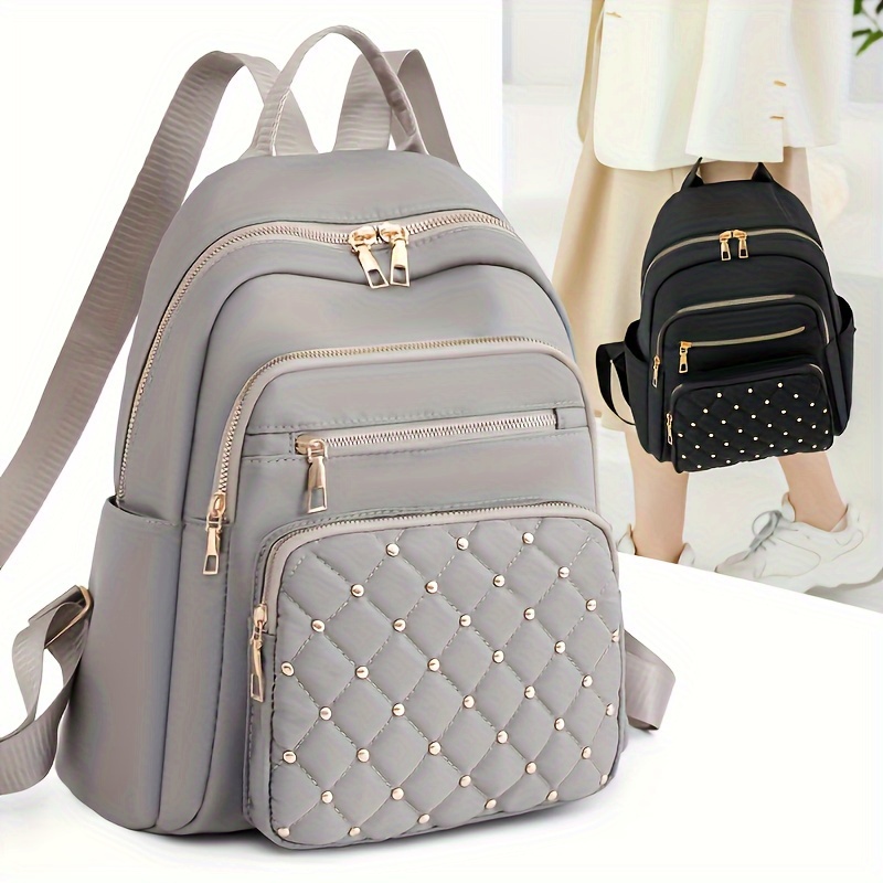 casual rivets decor womens backpack argyle pattern ravel storage daypack all match nylon rucksack details 7