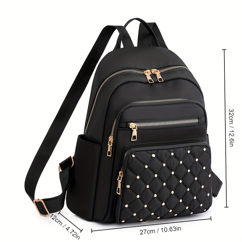 casual solid color backapck quilted rivets decor rucksack zipper womens travel rucksack details 2