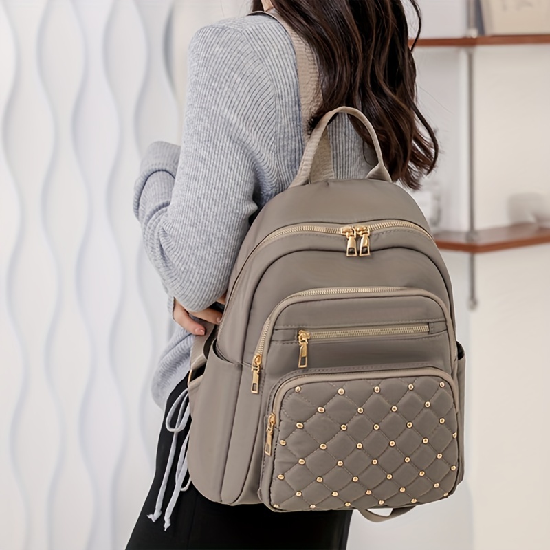 casual solid color backapck quilted rivets decor rucksack zipper womens travel rucksack details 8