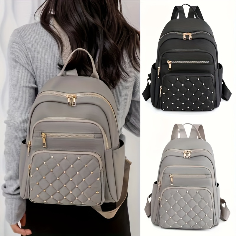 casual leisure backapck argyle pattern rivets decor travel daypack womens trendy backpack details 6