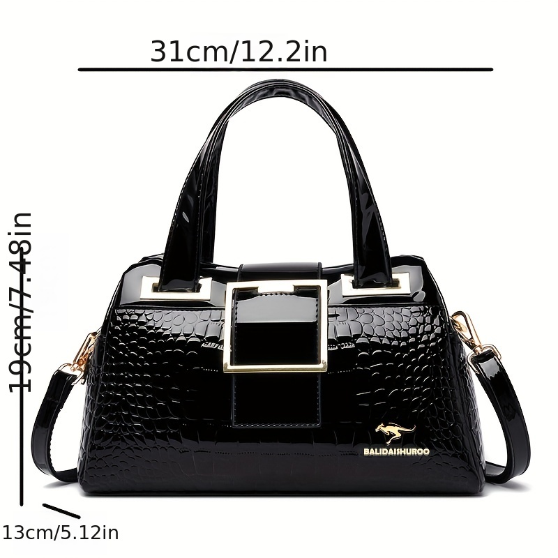 crocodile pattern handbag womens patent leather shoulder bag casual buckle decor crossbody bag details 6