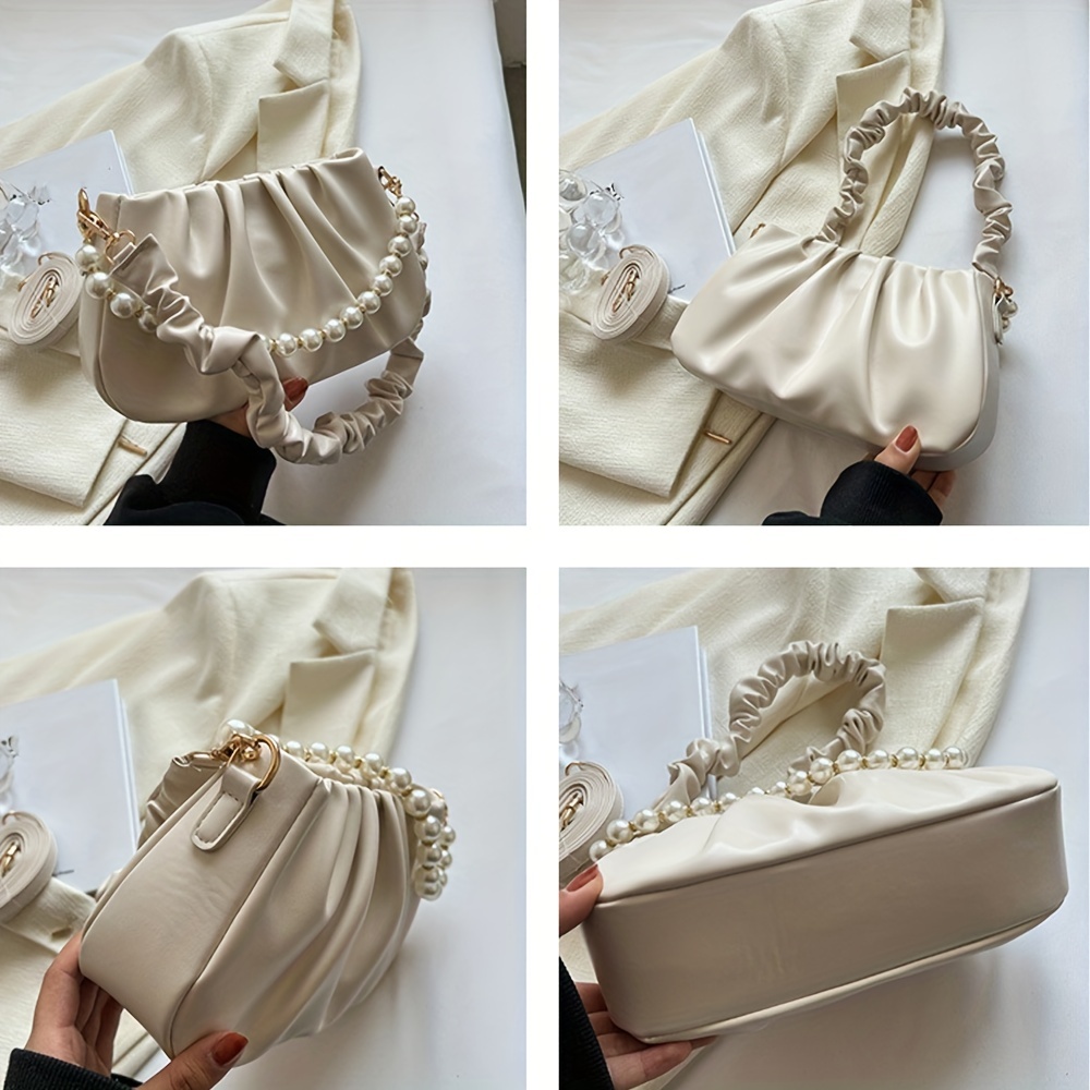 ruched white pearl chain decor underarm bag zipper soft pu leather handbag solid color versatile shoulder bag details 4