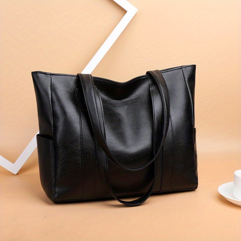 large capacity trendy shoulder bag solid color versatile underarm bag faux leather zipper stylish tote bag details 1