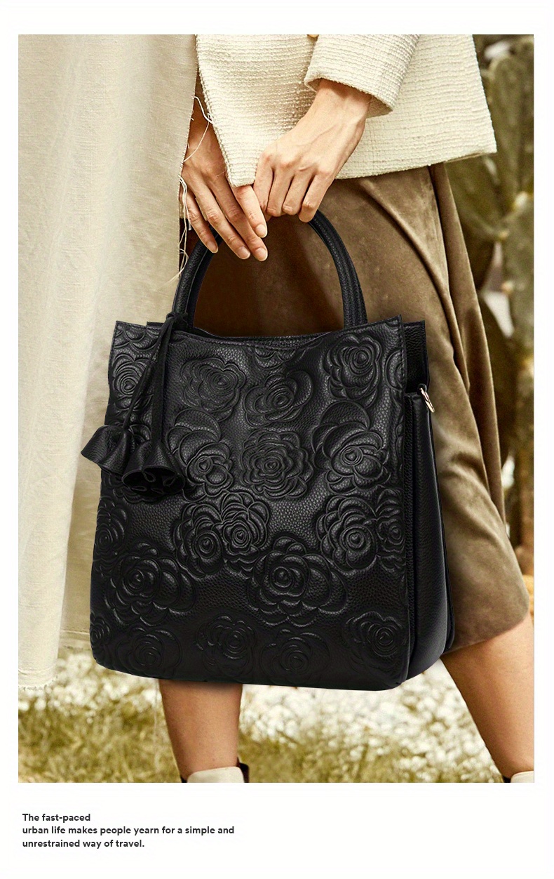 luxury flower embossed handbag fashion genuine leather tote bag womens top handle purse details 1