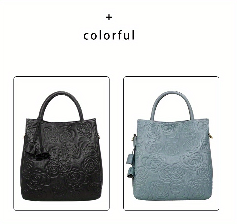 luxury flower embossed handbag fashion genuine leather tote bag womens top handle purse details 4