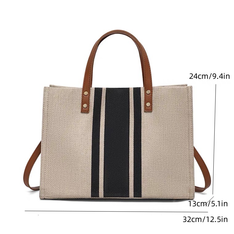 striped canvas tote bag simple large capacity briefcase womens work shoulder bag details 7