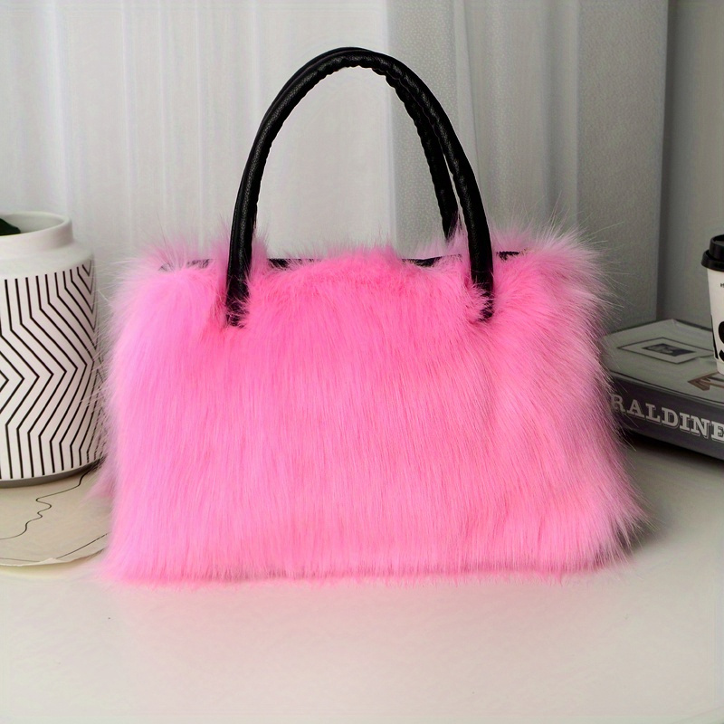 luxury faux fur tote bag, luxury faux fur tote bag y2k plush shoulder bag womens fashion furry handbag purse details 9