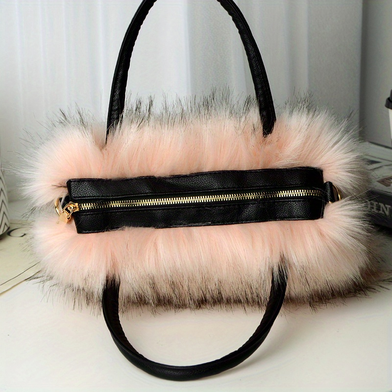 luxury faux fur tote bag, luxury faux fur tote bag y2k plush shoulder bag womens fashion furry handbag purse details 10