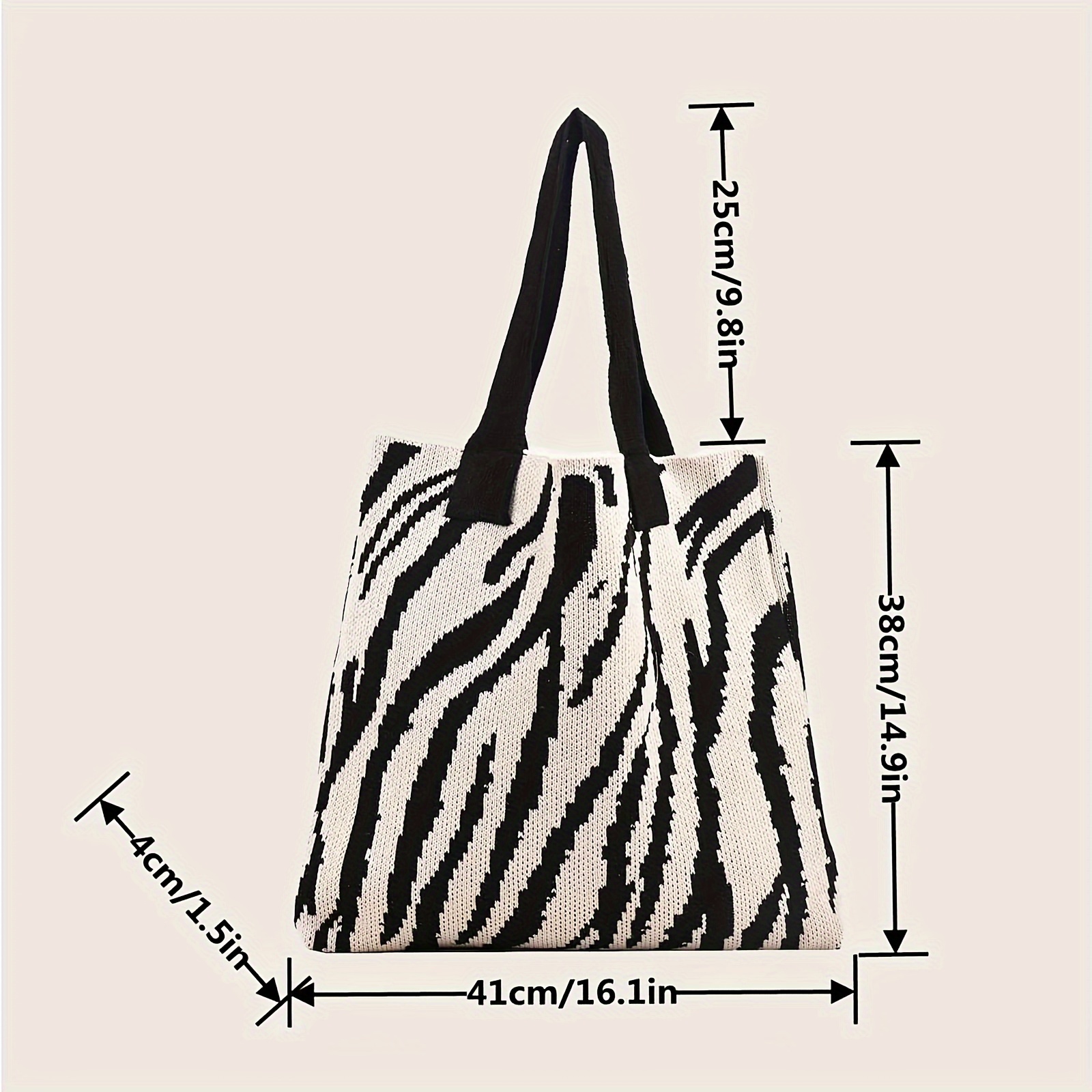 fashion knitted tote bag zebra pattern shoulder bag womens casual handbag hobo purse details 2