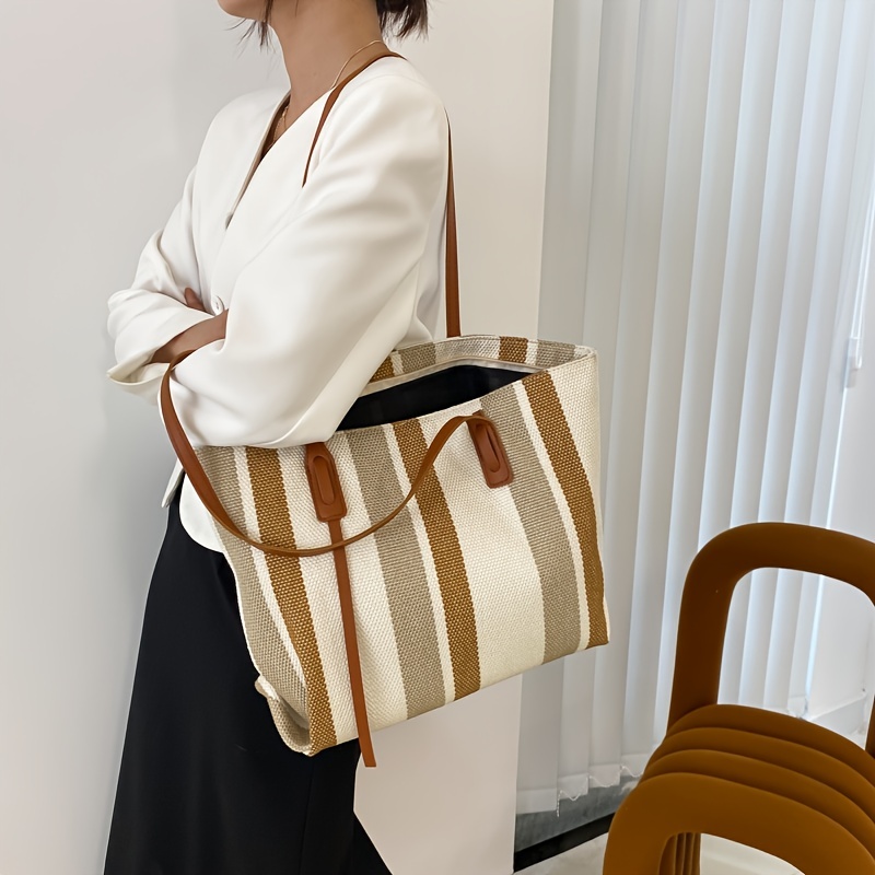 stripe pattern canvas tote bag womens large capacity shoulder bag casual handbag for work school details 6