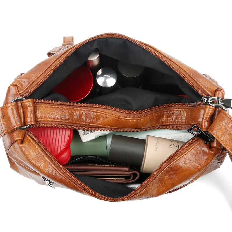 solid color multi zipper bag vintage soft leather shoulder bag casual crossbody purse for work details 7