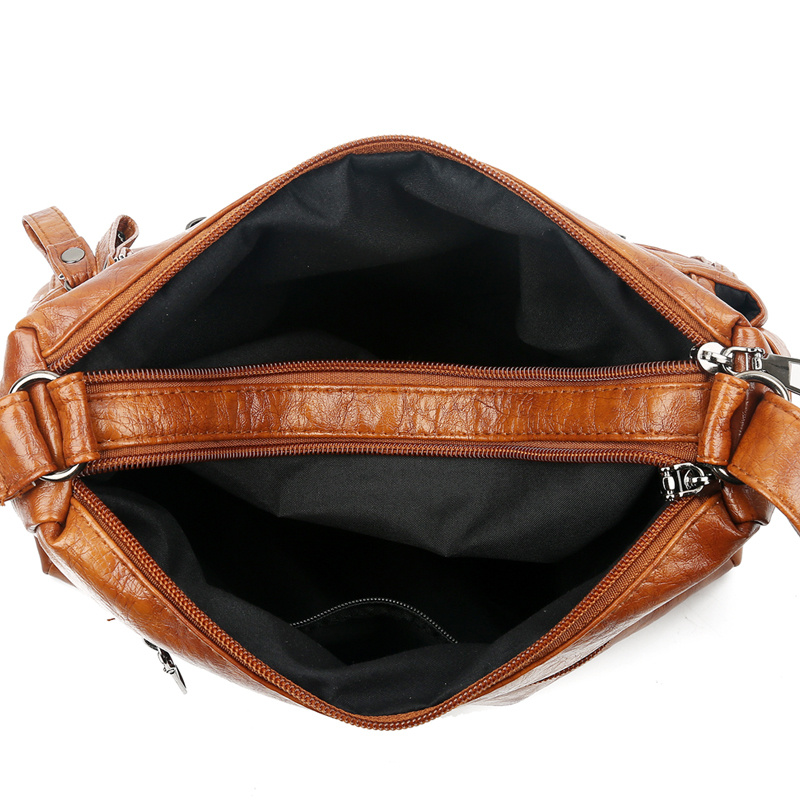 solid color multi zipper bag vintage soft leather shoulder bag casual crossbody purse for work details 8