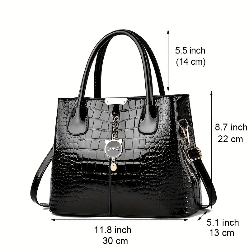 crocodile embossed handbag pu leather patent shoulder bag cute cat decor double handle purse for women details 0