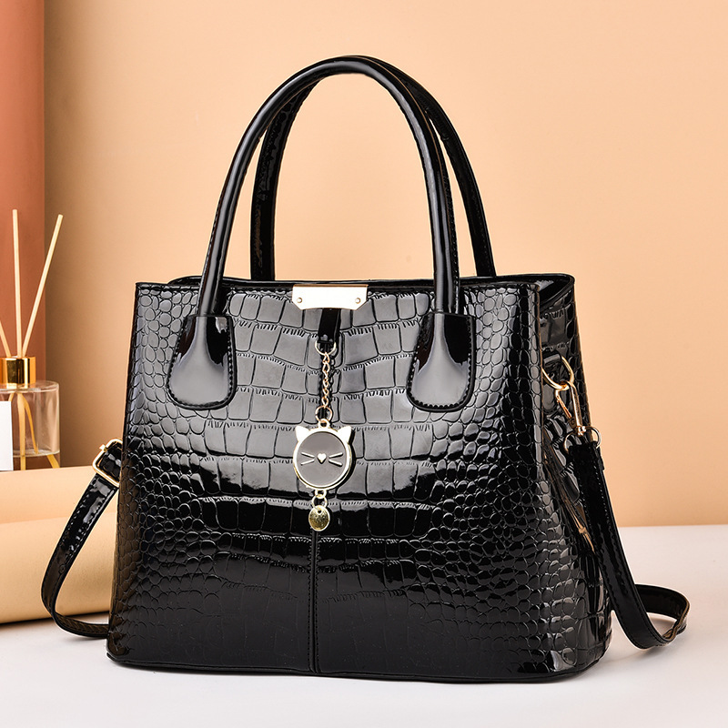 crocodile embossed handbag pu leather patent shoulder bag cute cat decor double handle purse for women details 1