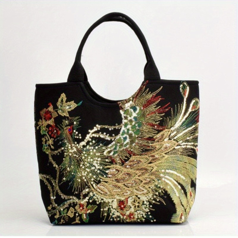 ethnic style sequins tote bag peacock embroidery handbags vintage canvas crossbody bag details 2