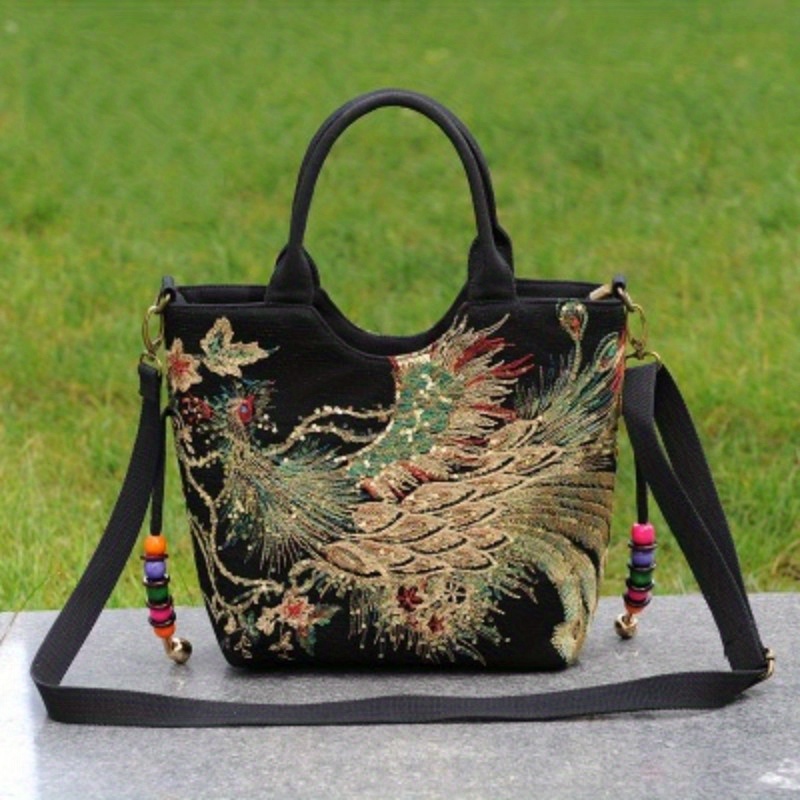 ethnic style sequins tote bag peacock embroidery handbags vintage canvas crossbody bag details 3