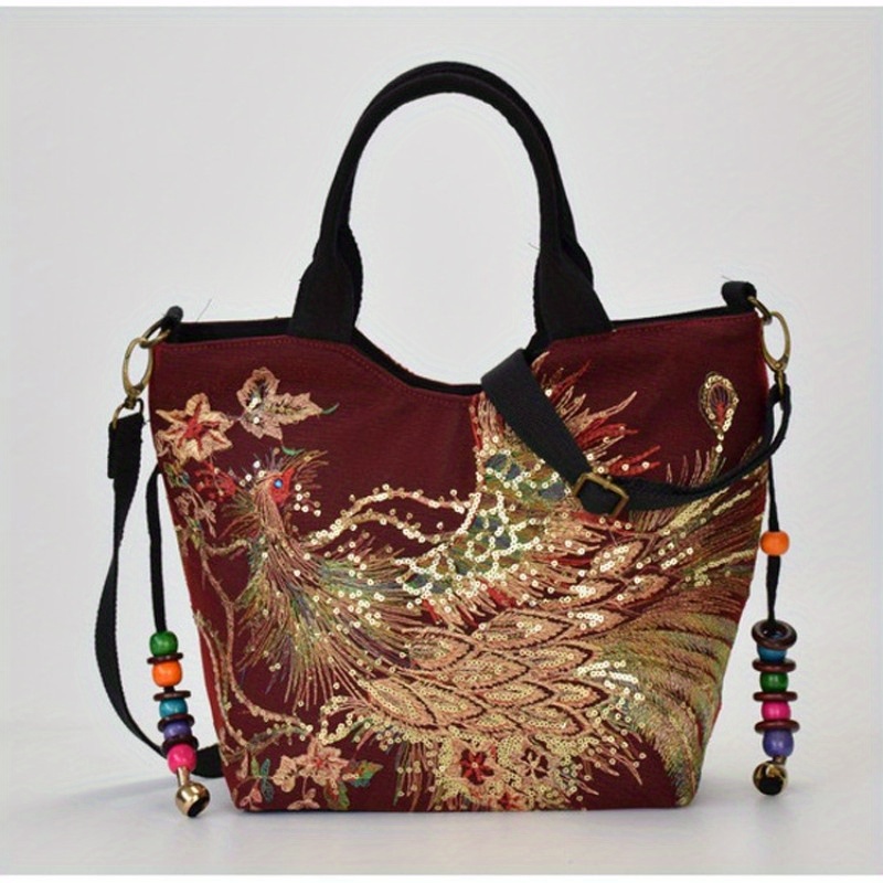 ethnic style sequins tote bag peacock embroidery handbags vintage canvas crossbody bag details 4