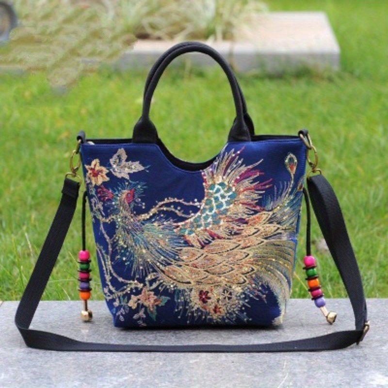 ethnic style sequins tote bag peacock embroidery handbags vintage canvas crossbody bag details 5