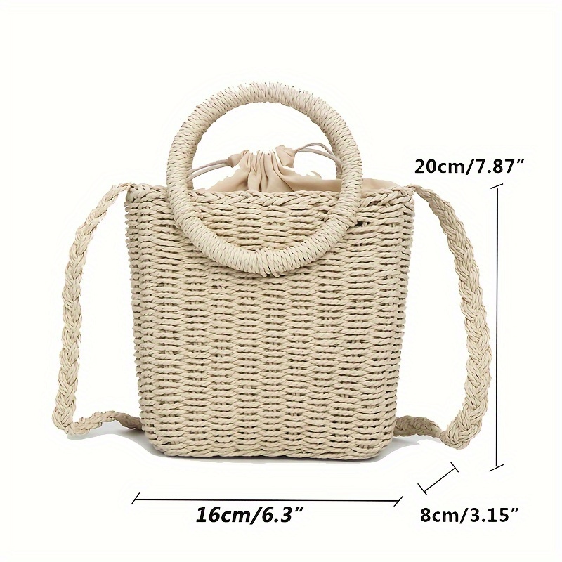 Minimalist Summer Vacation Straw Bucket Bag, Bohemian Fashion Circle Handle Women s Beach Handbag details 5