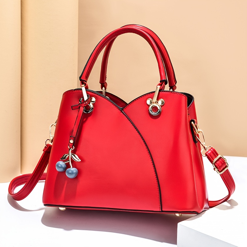 elegant solid color shoulder bag, elegant solid color shoulder bag classic all match shoulder bag with cherry pendant details 8