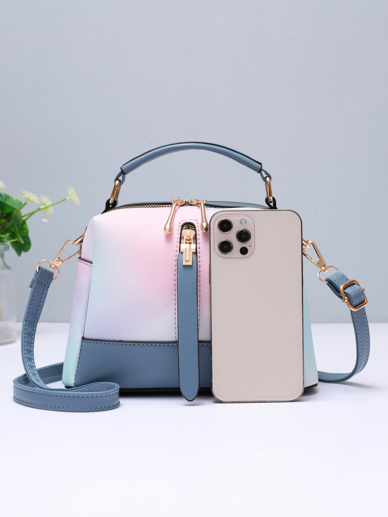 ombre square handbag fashion crossbody bag with multi zipper womens small pu leather purse details 1