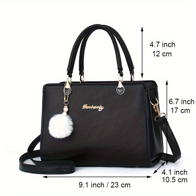 plush ball decor satchel bag stylish solid color hand bag womens office work shoulder purse details 0